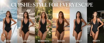 Shows the same swimsuit styled across six different occasions to demonstrate the product's versatility for many settings. Leads with the brand name and tagline to frame the occasion carousel as a…