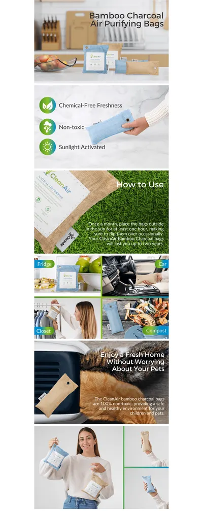 Educates shoppers on how to activate and use the bamboo charcoal air purifying bags, showing placement instructions and multiple application environments to ensure proper product usage. Demonstrates…