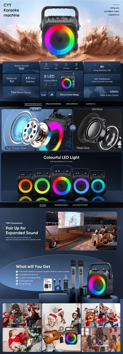 Showcases multiple product benefits including stereo sound, LED lighting effects, battery life, Bluetooth connectivity, and speaker quality in a visually…