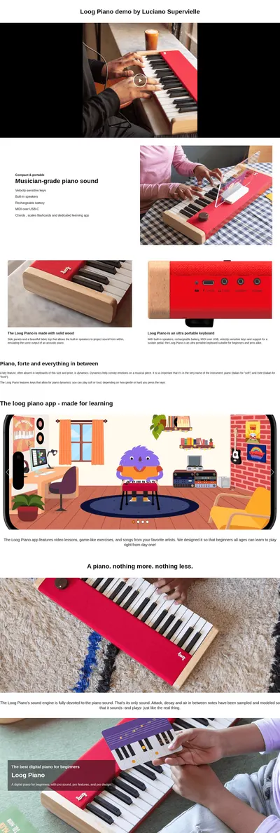 Showcases multiple product benefits including musician-grade sound quality, compact design, solid wood construction, and ultra-portable keyboard features to help shoppers understand key selling…