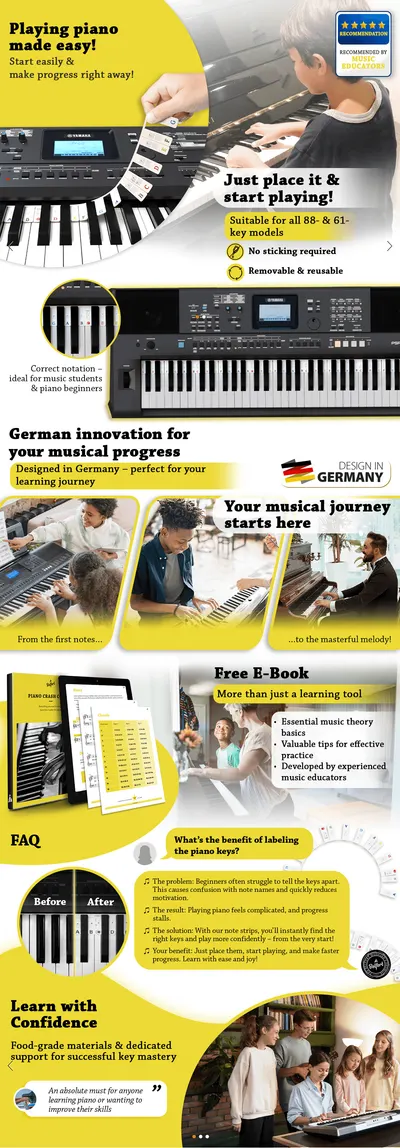 Showcases multiple benefits of a piano learning tool including ease of use, German design quality, free e-book inclusion, and educational support to help shoppers understand the comprehensive value…