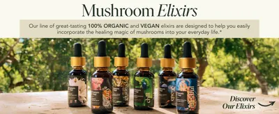 Showcases the full Mushroom Elixirs product line and highlights the brand values of organic and vegan formulation to help shoppers discover the range and understand brand positioning.