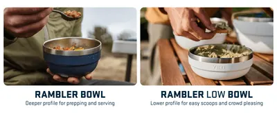 Compares two bowl profiles within the same product line to help shoppers understand the difference between deeper bowls for prepping versus lower bowls for easy scooping.