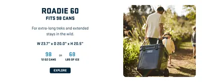 Presents one model from the YETI Roadie cooler lineup with capacity specs and dimensions to help shoppers choose the right size for their needs. Highlights the cooler's capacity with quantifiable…