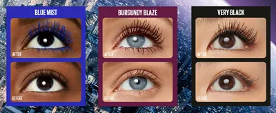 Shows before and after lash results for three shades to prove visible length and color impact. Presents three shades from the same mascara line side by side to help shoppers choose a color.