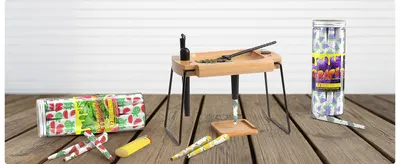 Shows the tray with included accessories and papers laid out together to highlight the complete set versus loose items. Displays everything included with the folding tray such as papers, lighter,…