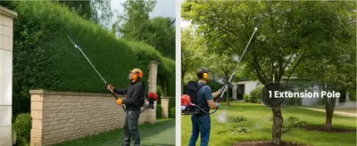 Shows the extension pole being used in two different settings, a tall hedge and a tree, to show versatility for reaching high areas. Emphasizes the extra reach provided by the extension pole for…