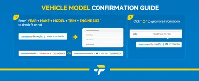 Guides shoppers to confirm whether this part fits their vehicle by entering year make model trim and engine size and reading the Amazon Confirmed Fit result.