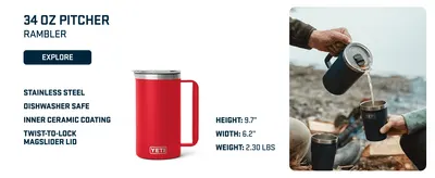 Highlights multiple key product features including material construction, dishwasher safety, ceramic coating, and lid design alongside physical dimensions to help shoppers understand the products…