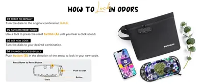 Walks shoppers through the four steps to reset and set a new combination on the lock so they feel confident using the product daily. Labels the reset button, dials, and push-to-open button on the…