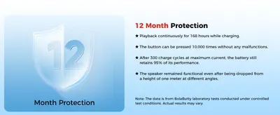 Shows several durability proofs under a 12 Month Protection headline so shoppers trust the product will hold up over time. Lab-test note reassures buyers about the claims.