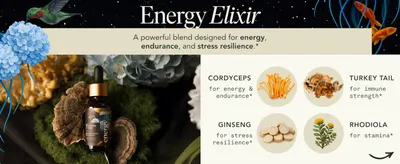 Breaks down the key ingredients in the Energy Elixir and their specific benefits for energy, endurance, and stress resilience to educate shoppers on the formula.