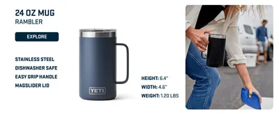 Highlights multiple key features and specifications of the 24 oz mug including material quality, ease of use, and physical dimensions to help shoppers understand the products benefits and size.