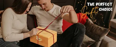 Positions the product as an ideal gift by showing a couple opening a wooden gift box tied with red ribbon, helping shoppers see it as a thoughtful present. Shows a warm, real-world gifting moment at…