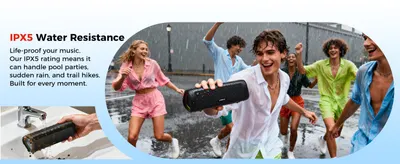 Shows the speaker is splash and rain resistant with an IPX5 rating so shoppers feel confident using it at pools, in rain, and outdoors. Shows the speaker in a lively real-world setting to help…