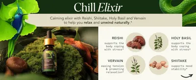 Highlights the key botanical ingredients in the Chill Elixir and their specific calming benefits to educate shoppers on how the formula supports relaxation and stress management. Showcases multiple…
