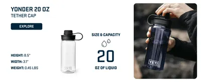 Communicates the exact physical size, weight, and liquid capacity of the 20 oz tether cap bottle to help shoppers understand the product dimensions and volume. Highlights the 20 oz liquid capacity…