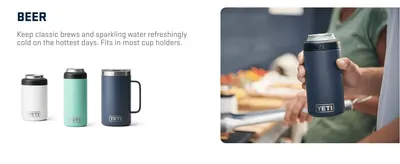Demonstrates a specific use case for the product by showing it can keep beer and sparkling water cold, and highlights that it fits in most cup holders.