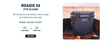 Presents one model from the YETI Roadie cooler lineup with capacity specs and dimensions to help shoppers choose the right size for their needs. Highlights the cooler's capacity with quantifiable…