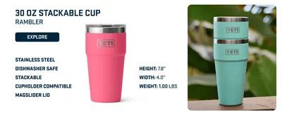 Highlights multiple key features and benefits of the 30 oz stackable cup including material, compatibility, and physical dimensions to help shoppers understand the product's versatility and quality.