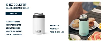 Showcases multiple key features and specifications of the 12 oz colster including material quality, no-sweat design, and physical dimensions to help shoppers understand the products benefits and size.