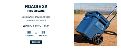 Presents one model from the YETI Roadie cooler lineup with capacity specs and dimensions to help shoppers choose the right size for their needs. Highlights the cooler's capacity with quantifiable…