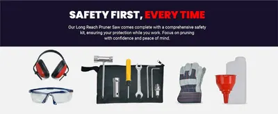 Reassures shoppers that the pruner saw includes a full safety kit of ear protection, eye protection, and gloves so they can work with confidence and peace of mind. Shows the accessories included in…