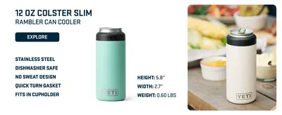 Highlights multiple key features and specifications of the 12 oz colster slim including material quality, design benefits, and physical dimensions to help shoppers understand the products…