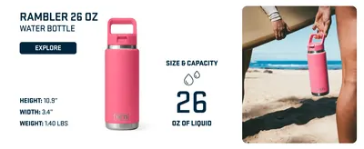 Introduces the 26 oz Rambler water bottle as part of the brand's product lineup, highlighting its size, capacity, and physical dimensions to help shoppers choose the right variant. Communicates the…