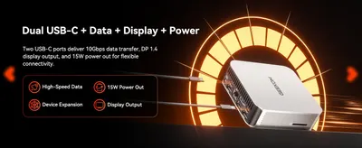 Shows four connectivity benefits in segmented callouts so shoppers understand the USB-C ports handle data, power, and display output.