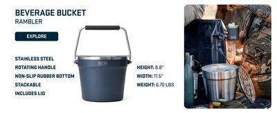 Showcases multiple product features and specifications in a segmented layout alongside lifestyle imagery to help shoppers understand key benefits and dimensions of the beverage bucket.