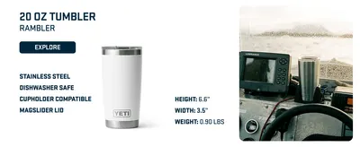 Highlights multiple key features and benefits of the 20 oz tumbler including material, compatibility, and physical dimensions to help shoppers understand the product's versatility and quality.