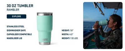 Highlights multiple key features and benefits of the 30 oz tumbler including material, compatibility, and physical dimensions to help shoppers understand the product's versatility and quality.
