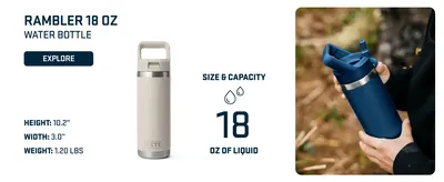 Introduces the 18 oz Rambler water bottle as part of the brand's product lineup, highlighting its size, capacity, and physical dimensions to help shoppers choose the right variant. Communicates the…