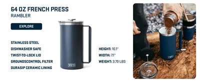 Showcases multiple product features and specifications in a visually organized layout to help shoppers quickly understand key selling points and dimensions of the French Press.