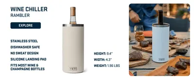 Presents multiple product features and specifications in a segmented layout alongside lifestyle imagery to communicate the wine chiller's key benefits and dimensions.