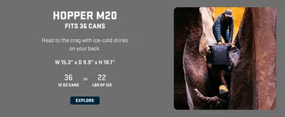Presents one model from the brand's cooler lineup with capacity specs and lifestyle context to help shoppers choose the right size for their needs. Communicates the cooler's capacity in both can…