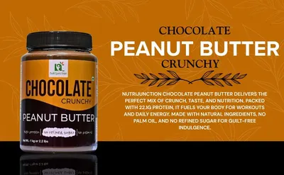 Introduces the chocolate peanut butter product while highlighting its key nutritional benefits including high protein content, natural ingredients, and guilt-free positioning to appeal to…