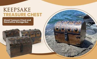 Presents the wood treasure chest as a decorative storage solution through clean product photography and lifestyle context to help shoppers visualize the product.
