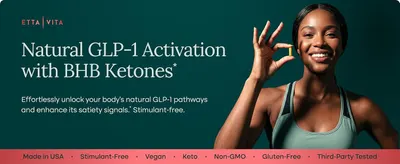 Communicates the primary benefit of natural GLP-1 activation with BHB Ketones to help shoppers understand how the product supports satiety and weight management without stimulants. Displays multiple…