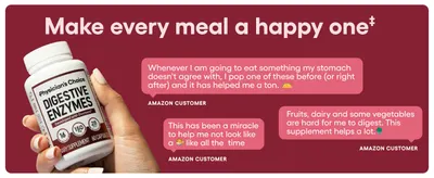 Builds trust and credibility by showcasing real customer experiences and positive feedback about the digestive enzyme supplement's effectiveness. Communicates the core benefit of helping with…