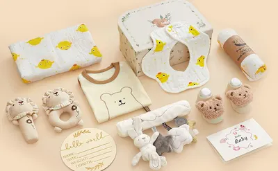 Shows all items included in the baby gift bundle to help shoppers understand the complete value and variety of products they will receive.