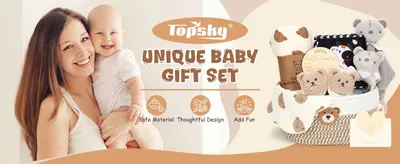 Showcases all items included in the baby gift set to help shoppers understand the complete bundle they will receive and its value as a gift. Positions the product as a unique baby gift set,…