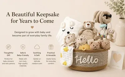 Showcases multiple product benefits in a visually organized layout with four distinct value propositions to help shoppers understand why this baby gift set is thoughtful, safe, soothing, and…