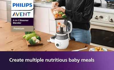 Demonstrates the product in use to show how it helps parents create healthy baby meals, emphasizing the 4-in-1 functionality and ease of use.