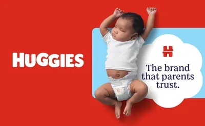 Communicates the Huggies brand identity and builds emotional trust with parents by positioning the brand as reliable and parent-approved.