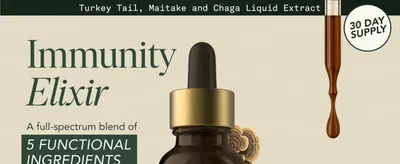 Communicates the product's core benefit as an immunity elixir with 5 functional ingredients, reassuring shoppers of its health-supporting properties and 30-day supply value.