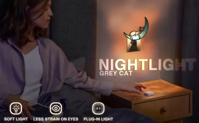Showcases multiple key benefits of the nightlight in a visually segmented layout with icons to help shoppers quickly understand the product's selling points: soft light, eye comfort, and plug-in…