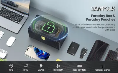 Showcases multiple wireless signal blocking capabilities (GPS, RFID, WLAN, Bluetooth, Car key fob, Cellular Signal) to communicate comprehensive security protection for valuable items. Demonstrates…