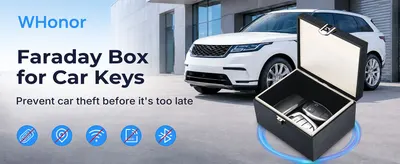 Communicates the primary security benefit of the Faraday Box, which prevents car key signal theft and protects against keyless car theft. Highlights the safety and security features of the product,…